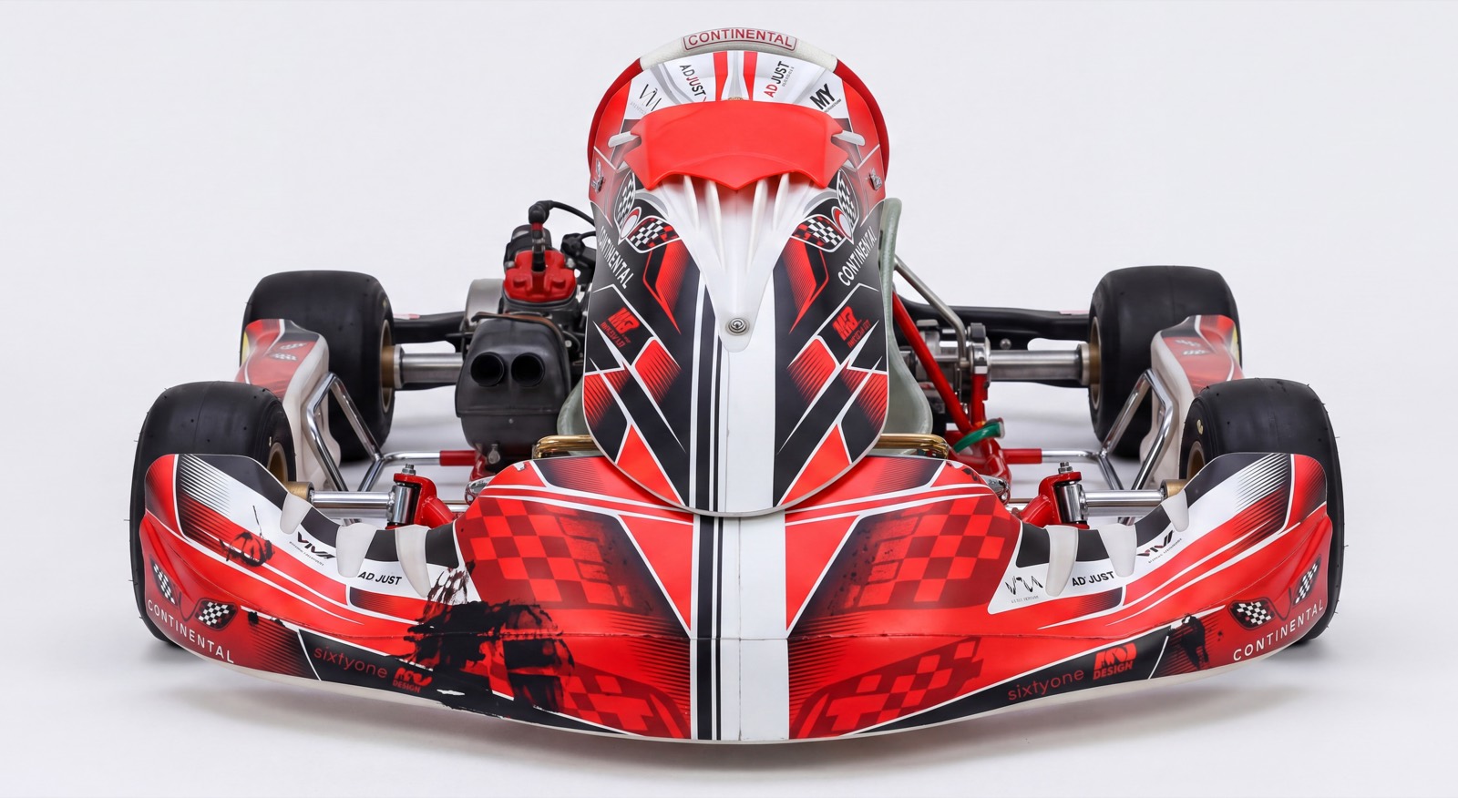 The team's Rotax DD2 kart in Continental livery, head on.