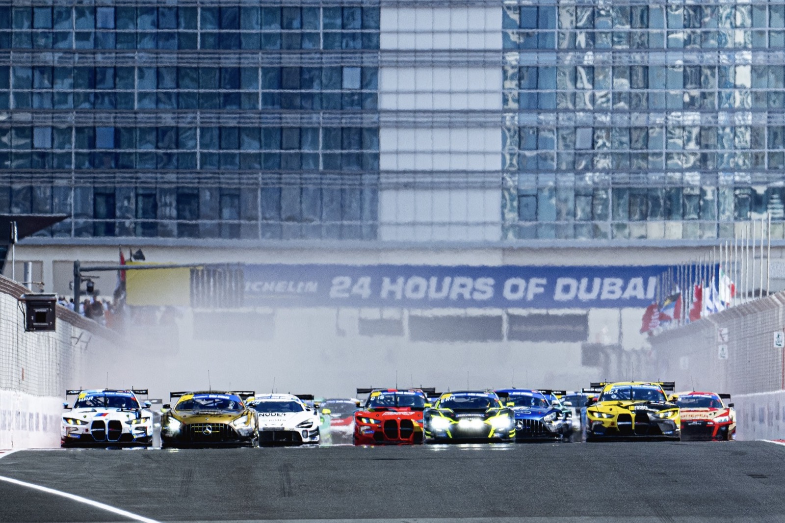 The GT3 field accelerating away together at the start of the Dubai 24 Hours.